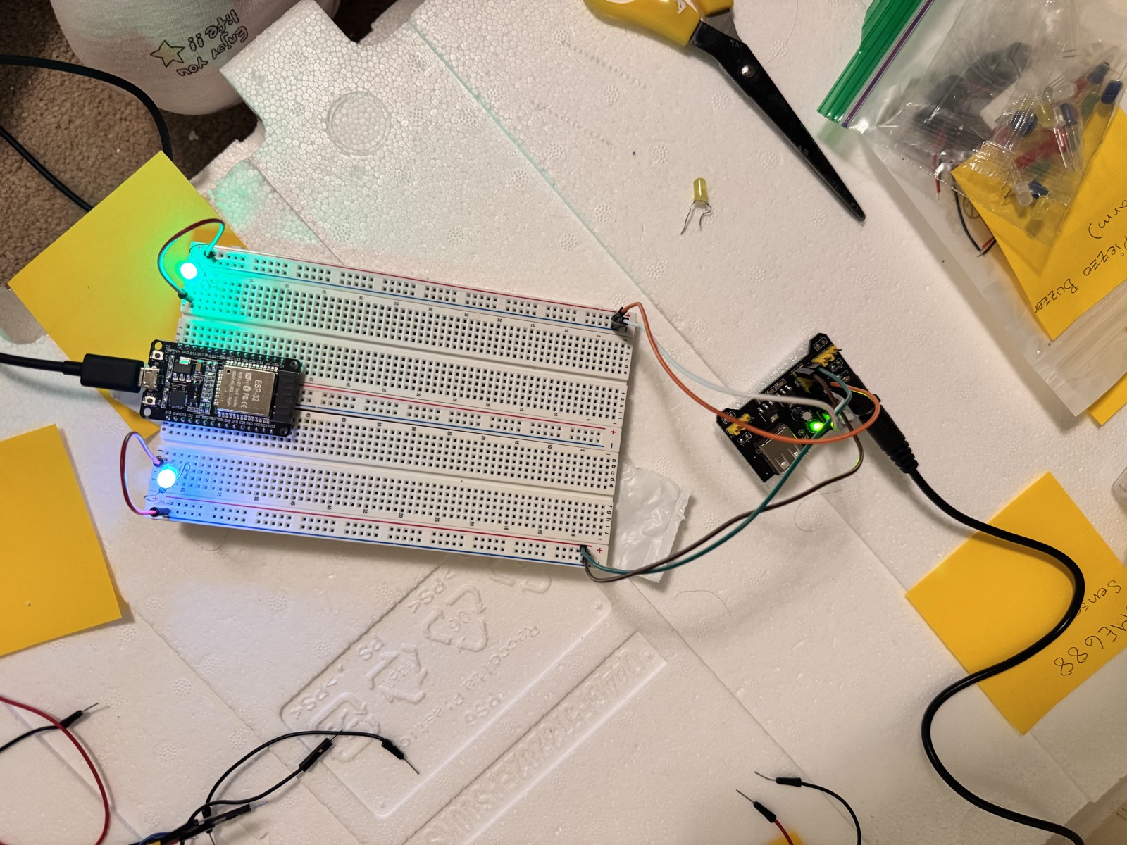Close-up of the breadboard and ESP32 wiring